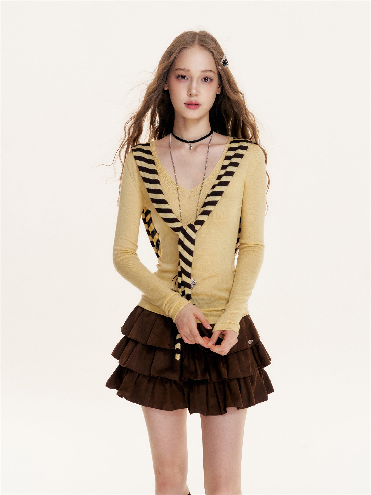 16DEWS 16D25418 Striped shawl V-neck knitted base top