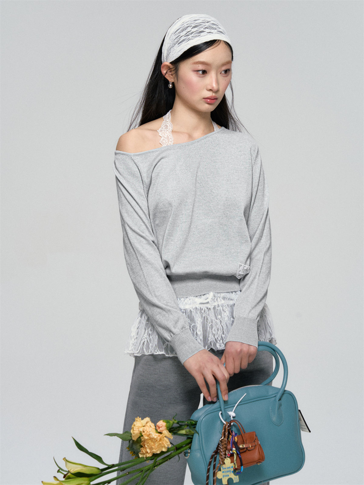 AsGony ASG25082 Lace strap knit two-piece set