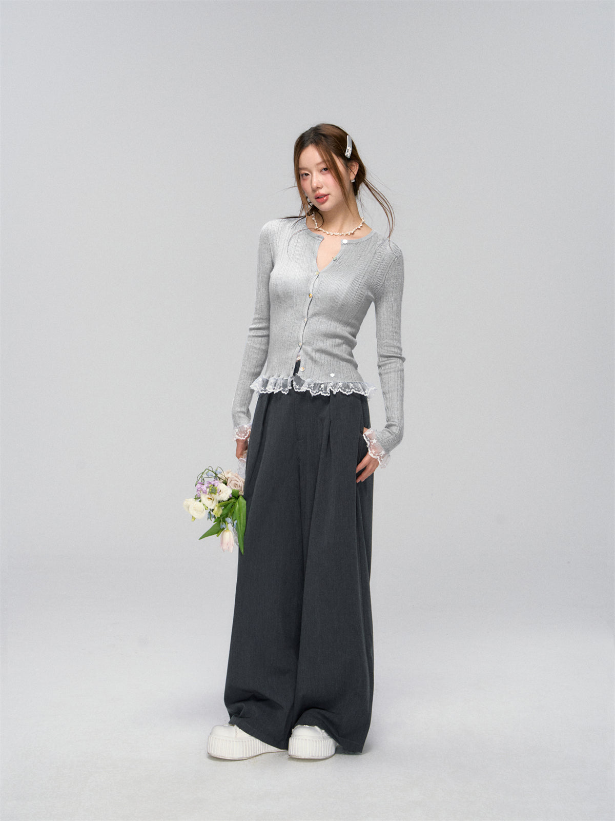 AsGony ASG25039 Lace hem patchwork knit cardigan (2color)