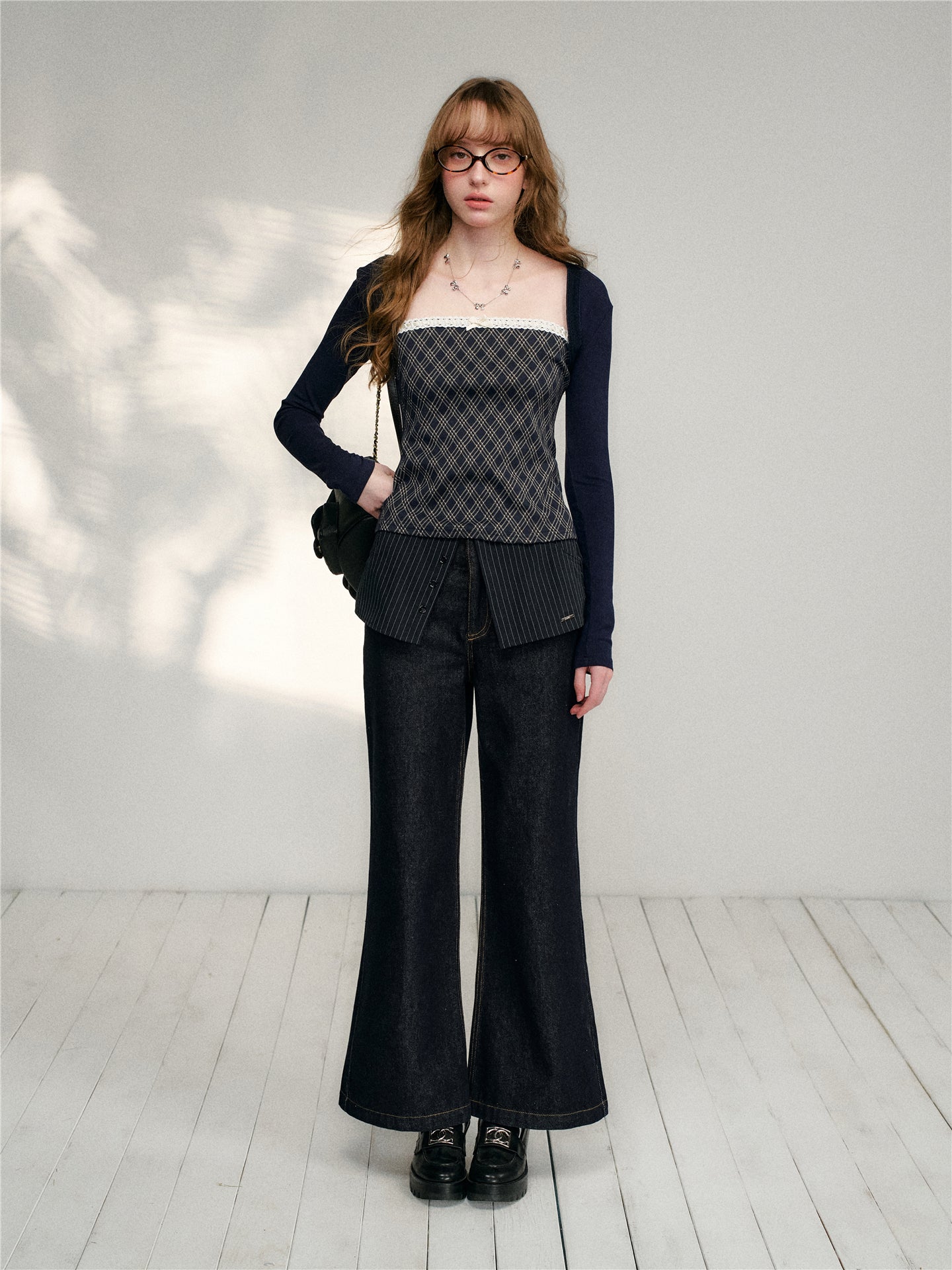 16DEWS in stock 16D26133 Lace plaid patchwork camisole top