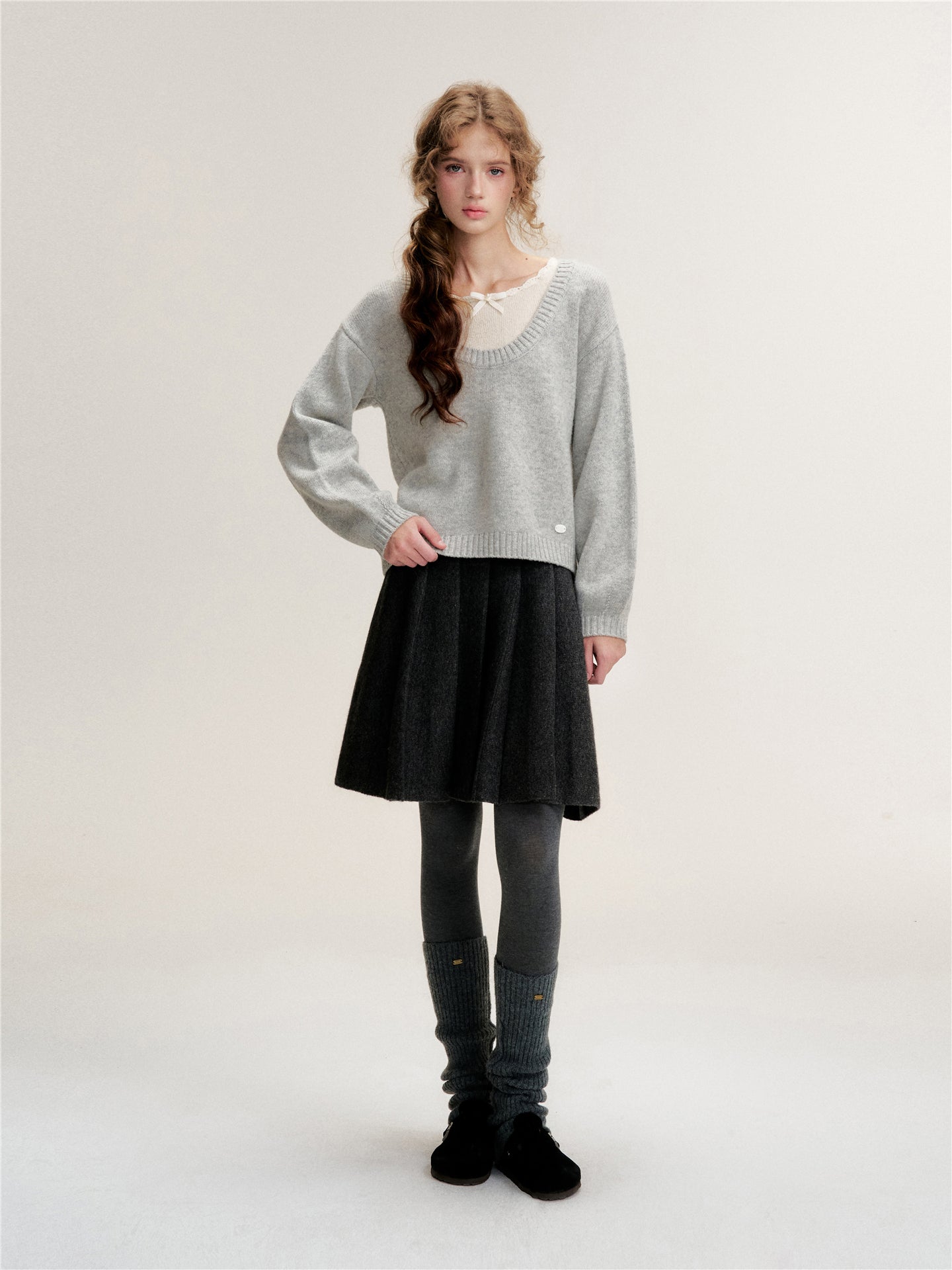 16DEWS 16D25463 Fake two piece contrasting wool knitted sweater