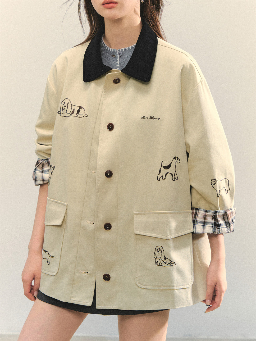 AsGony ASG25328 Puppy embroidered patchwork windbreaker jacket