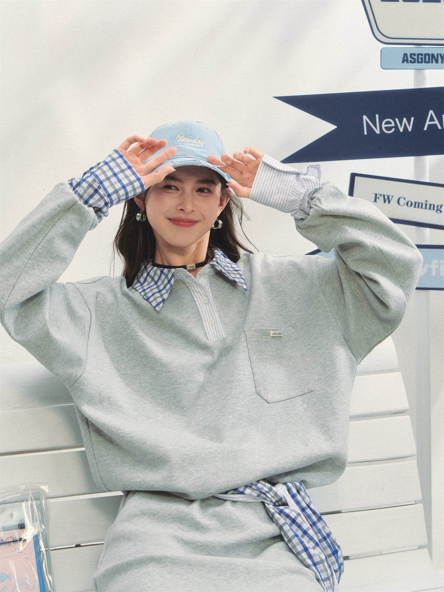 AsGony ASG25307&ASG25308 Checkered shirt patchwork hoodie + skirt set