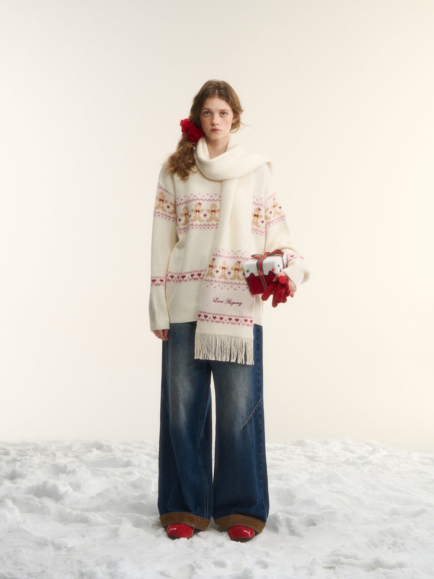 AsGony ASG25544 Fair Isle jacquard sweater and scarf set