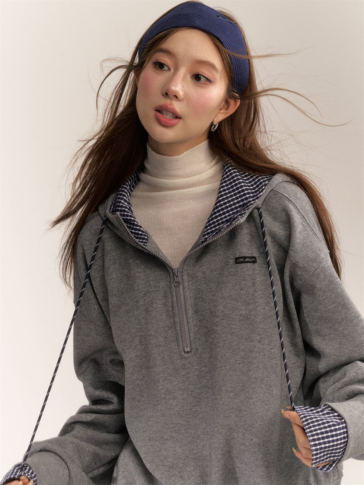 AsGony ASG24641 & ASG2642 Splicing plaid hoodie + loose pants set