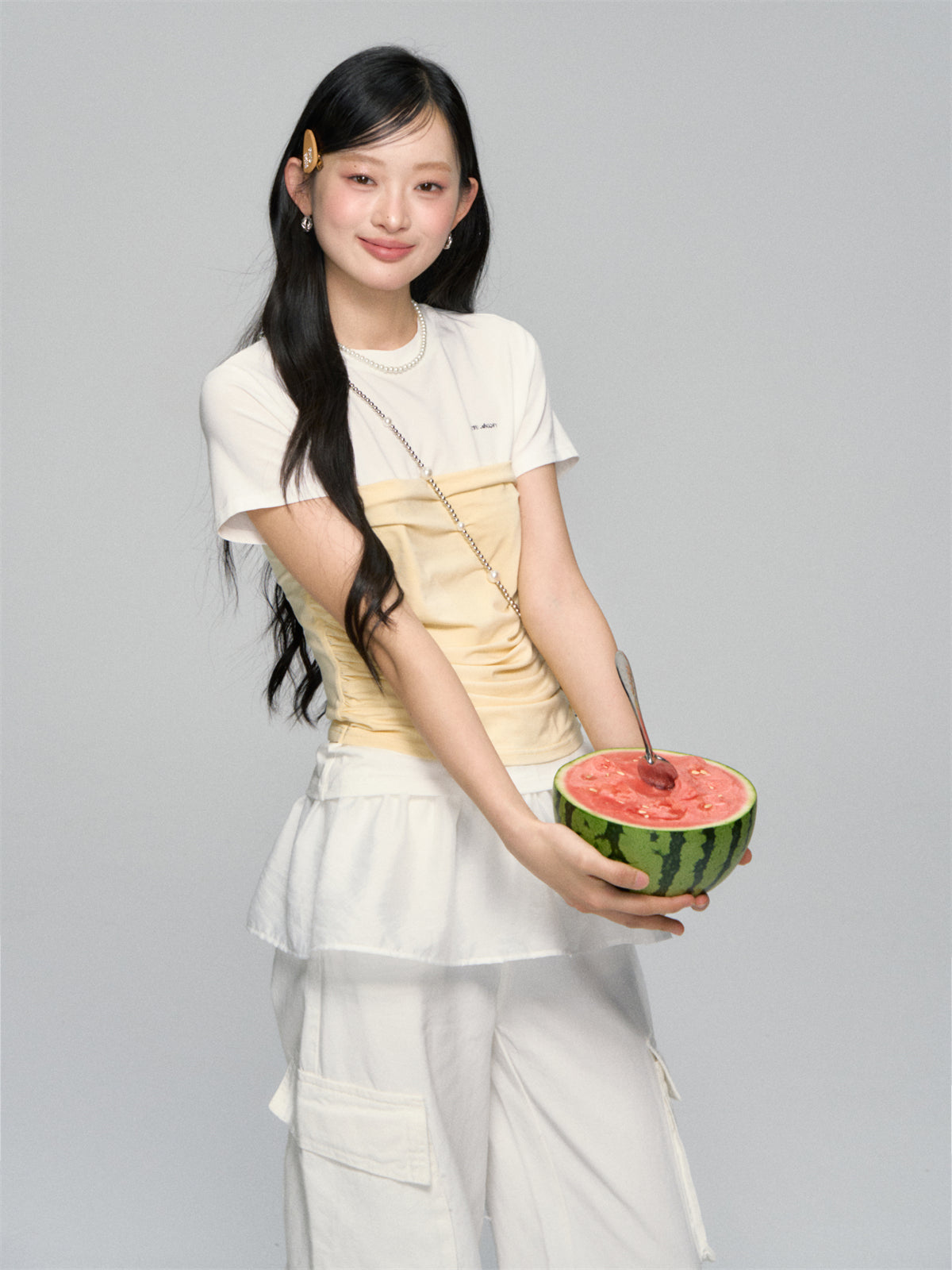 AsGony ASG25108 Fake two piece slim fit short sleeved top (2color)