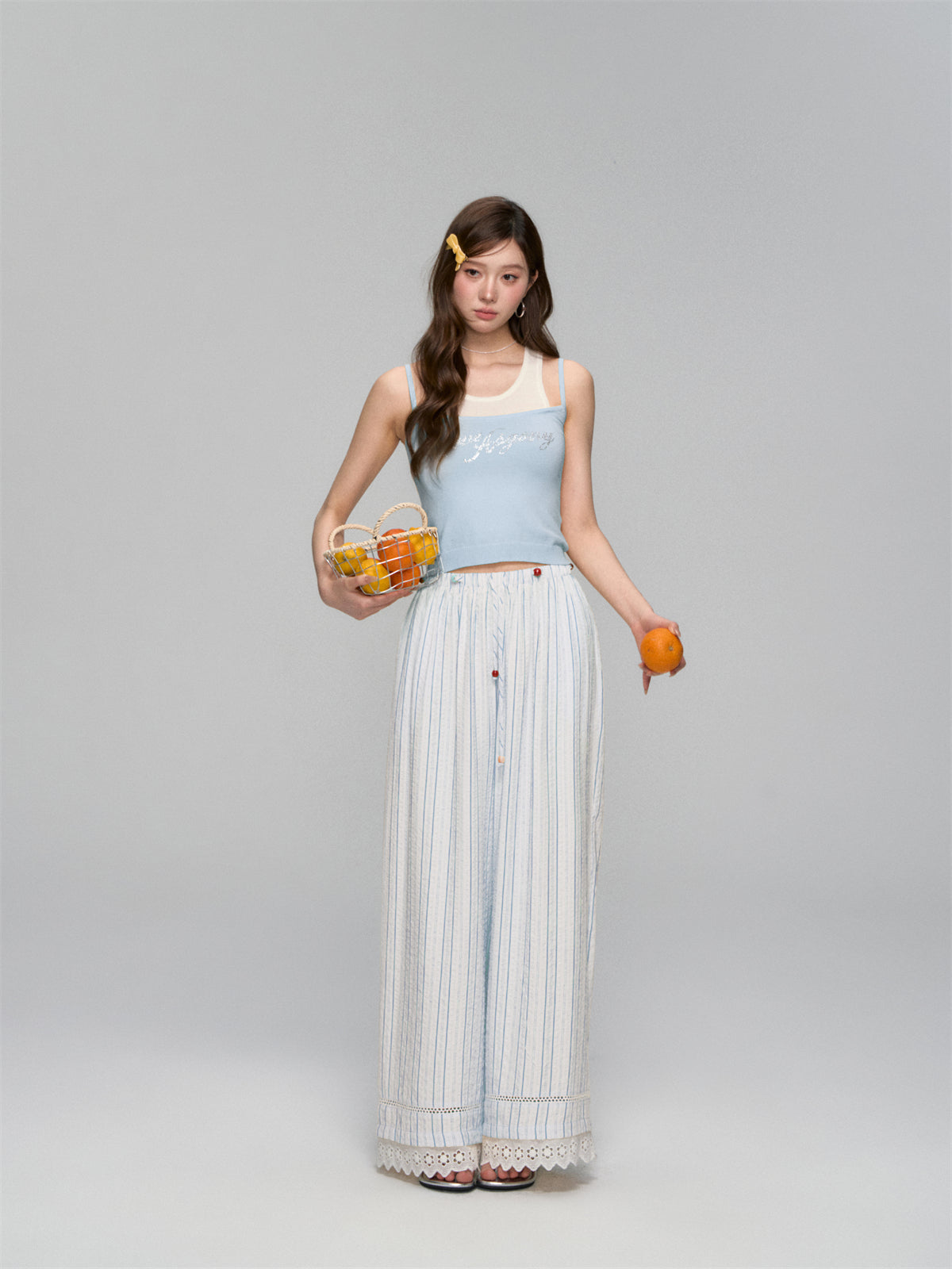 AsGony ASG25113 Striped lace straight leg casual pants (2color)