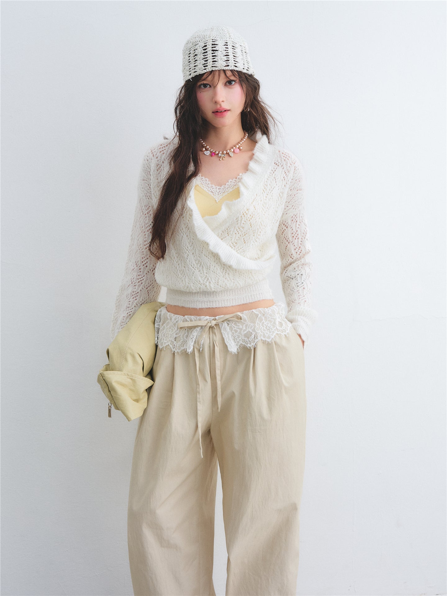 AsGony ASG26007 Wool cross ruffled mohair hollow pullover sweater