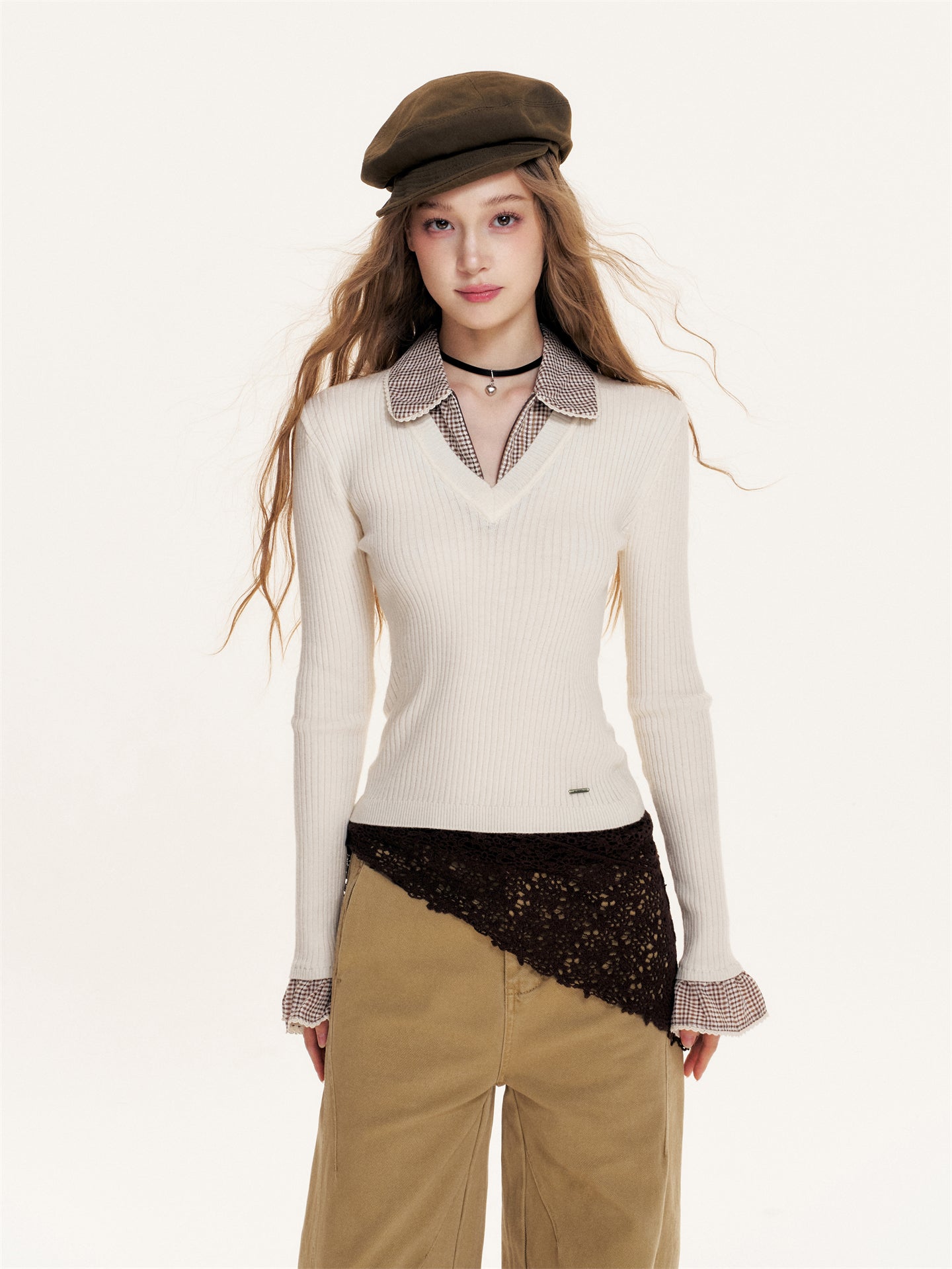 16DEWS 16D25405 Plaid contrasting splicing fake two-piece knitted top