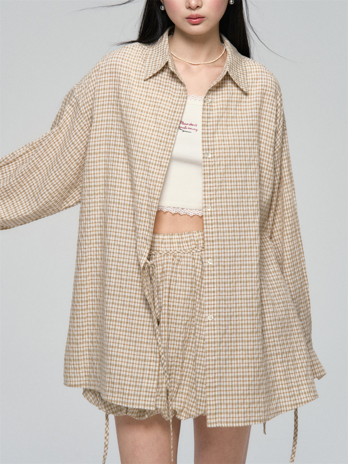 AsGony ASG25059&ASG25060 Lace up casual checkered shirt +skirt set (2color)