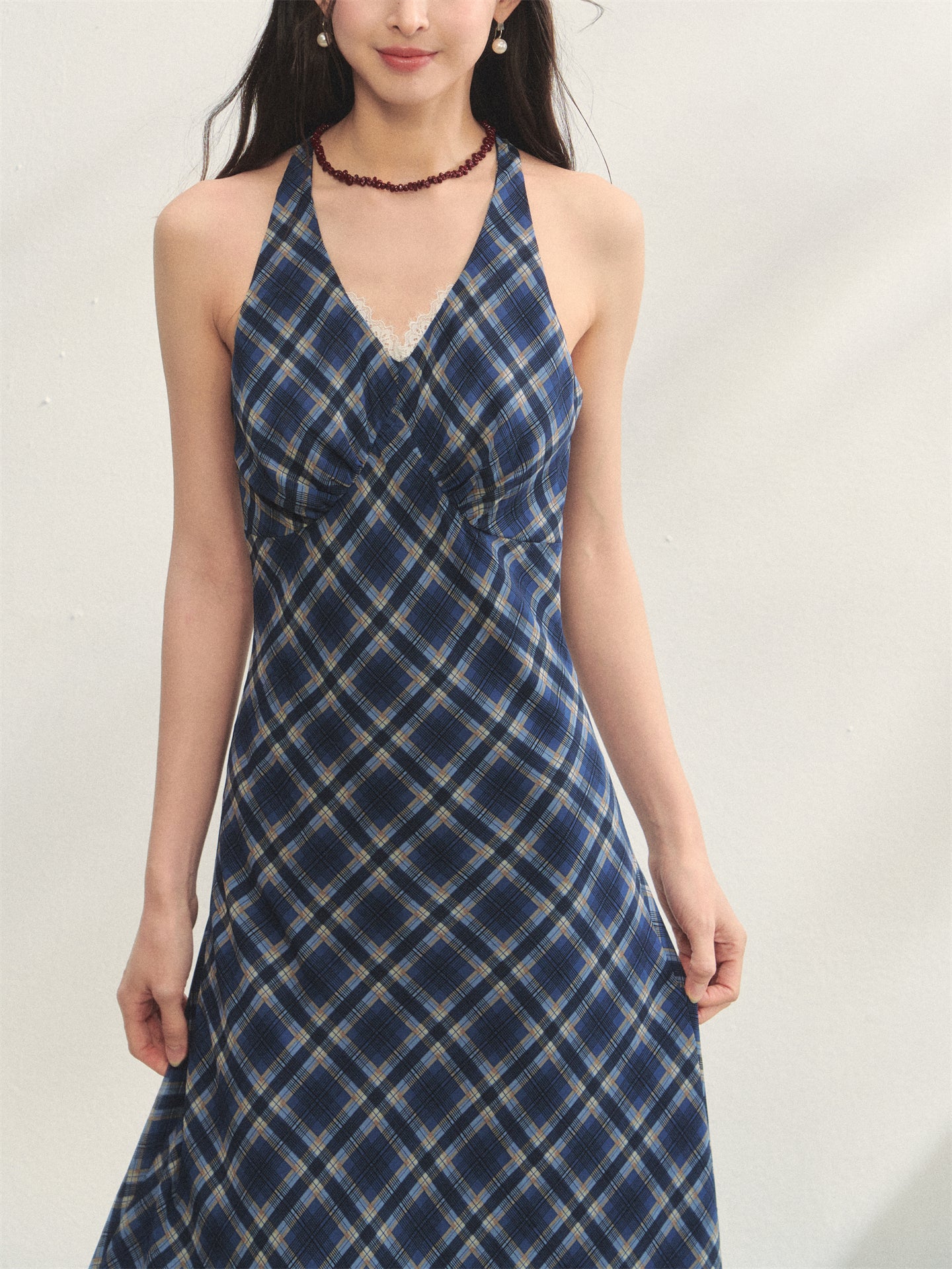 AsGony ASG25262 V-neck lace checkered halter dress