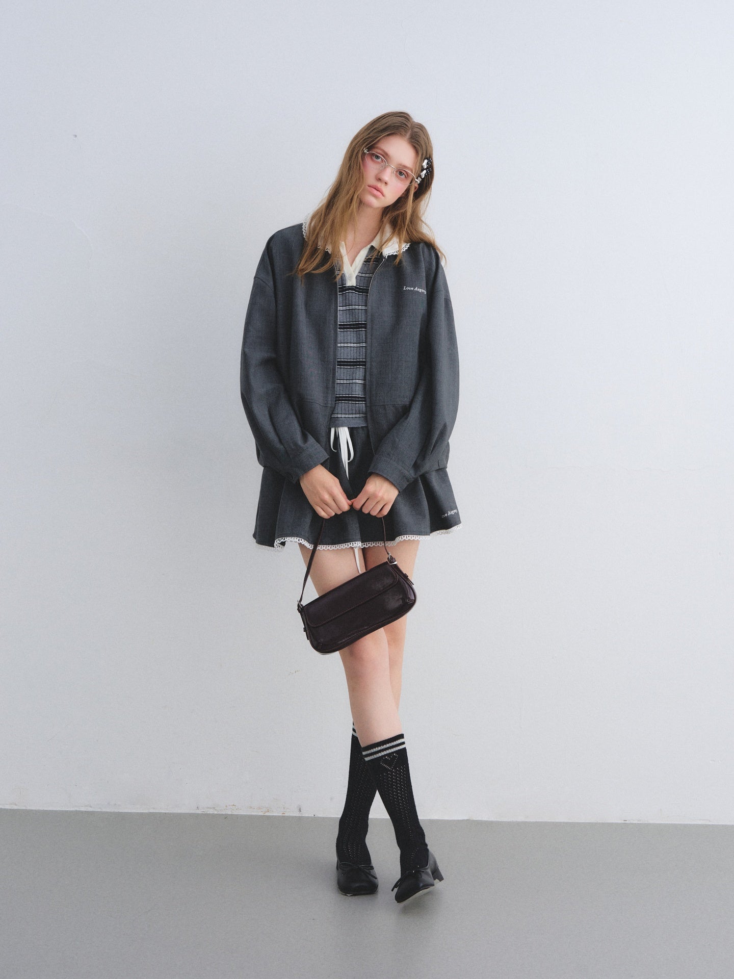 AsGony ASG25668&ASG25645 Lace collar decorative flower bud jacket + short skirt set