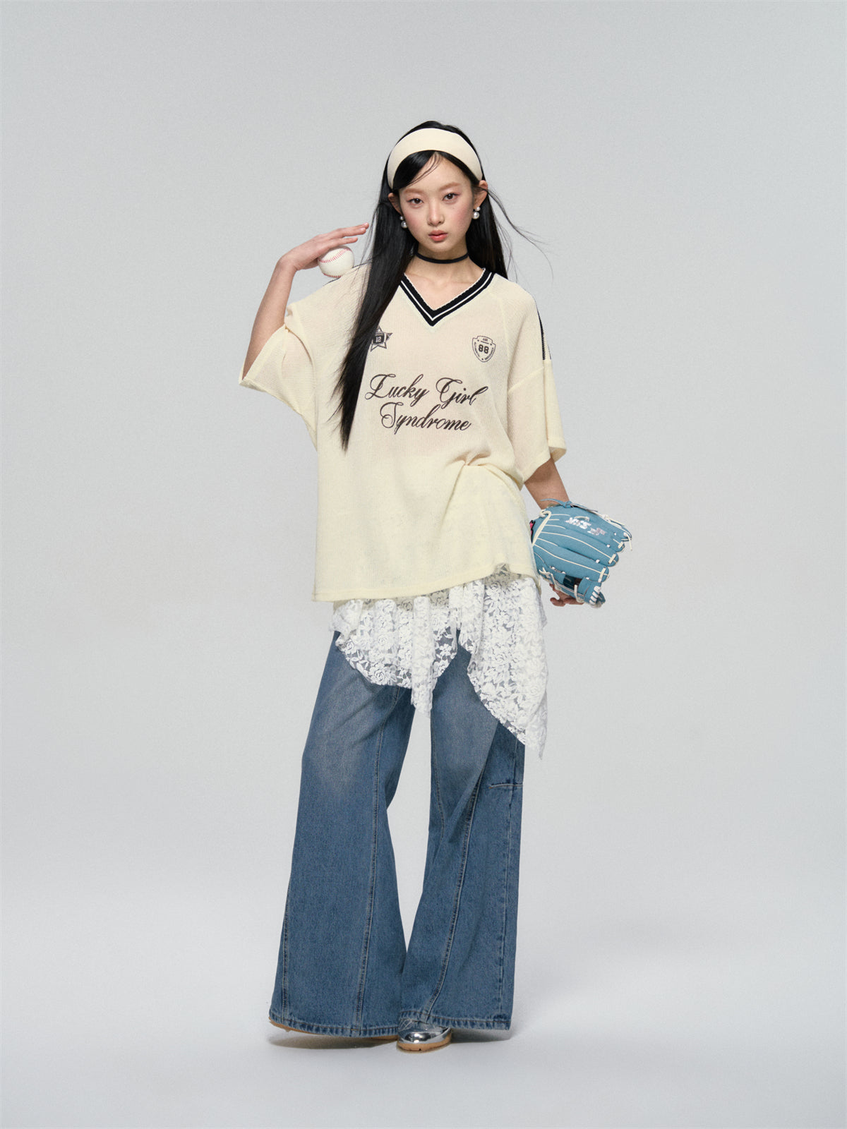 AsGony ASG25080 Jersey style contrasting ribbon T-shirt (2color)