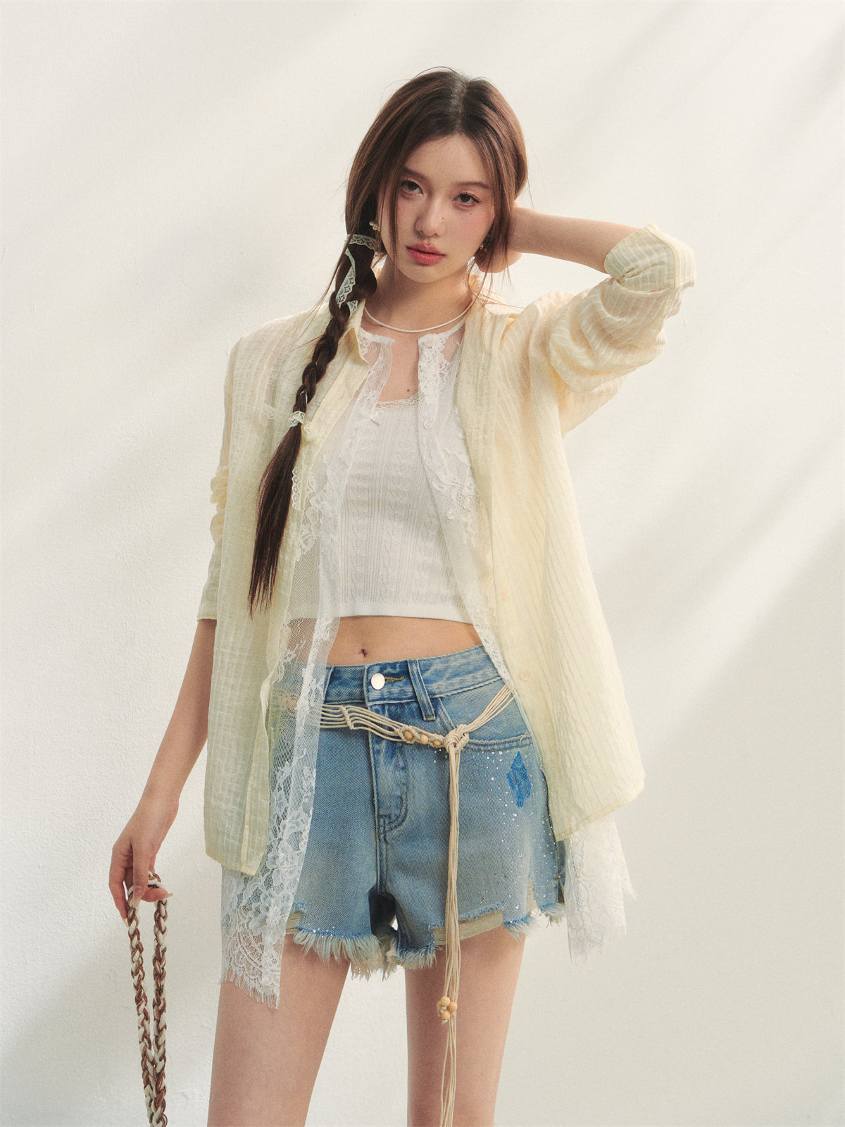 AsGony ASG25217 Striped lace patchwork long sleeved sunscreen shirt