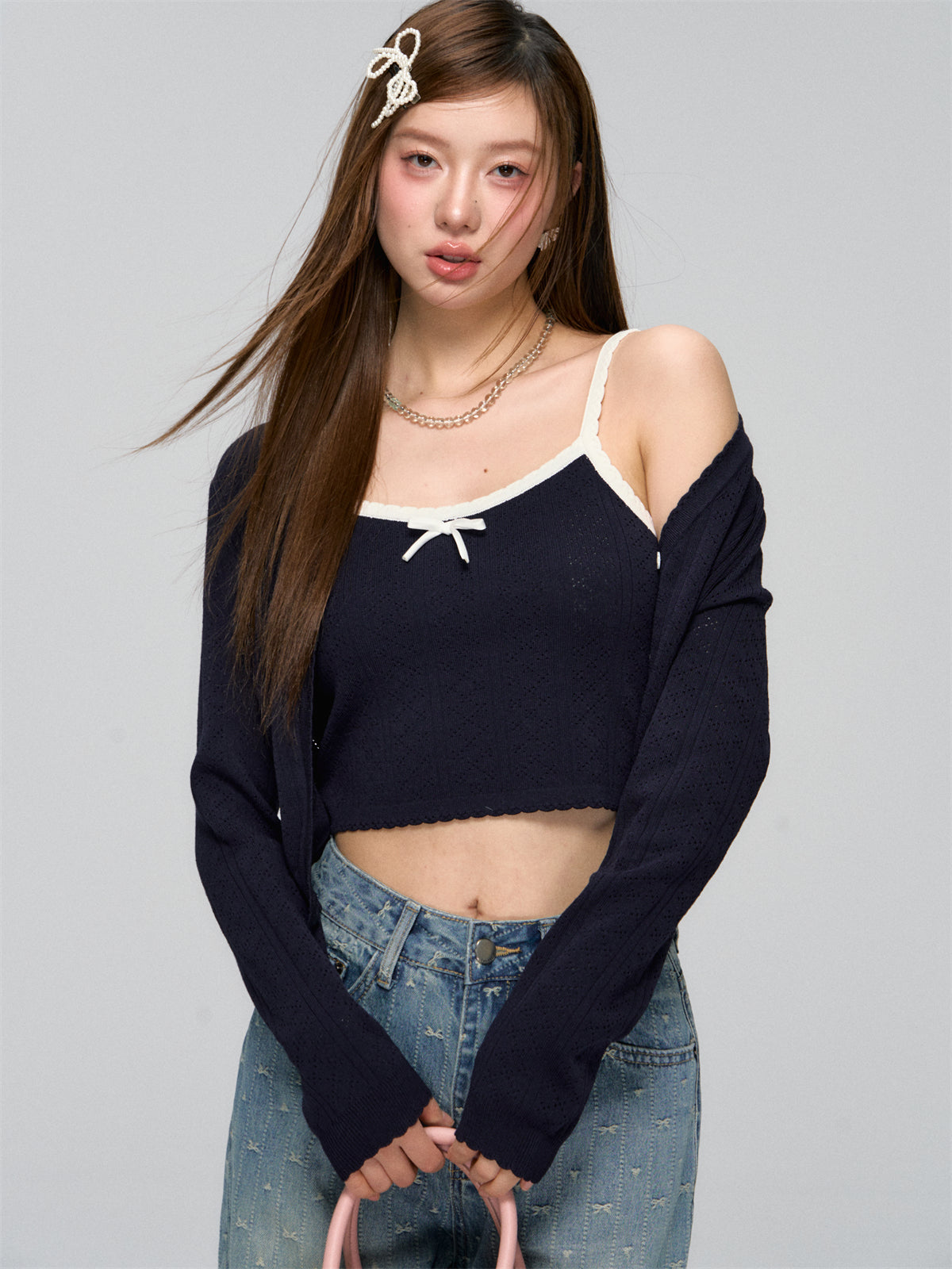 AsGony ASG25041 Color blocking bow strap cardigan two-piece set