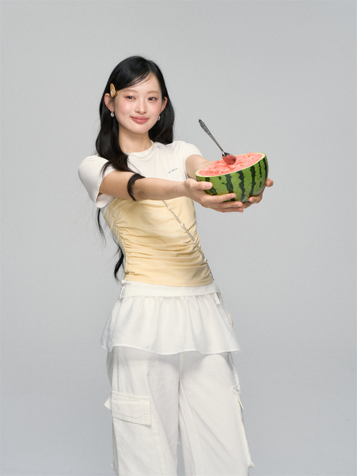 AsGony ASG25108 Fake two piece slim fit short sleeved top (2color)