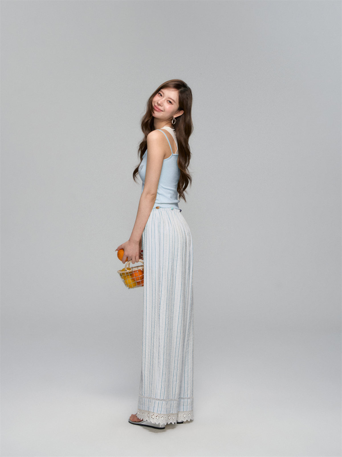 AsGony ASG25113 Striped lace straight leg casual pants (2color)