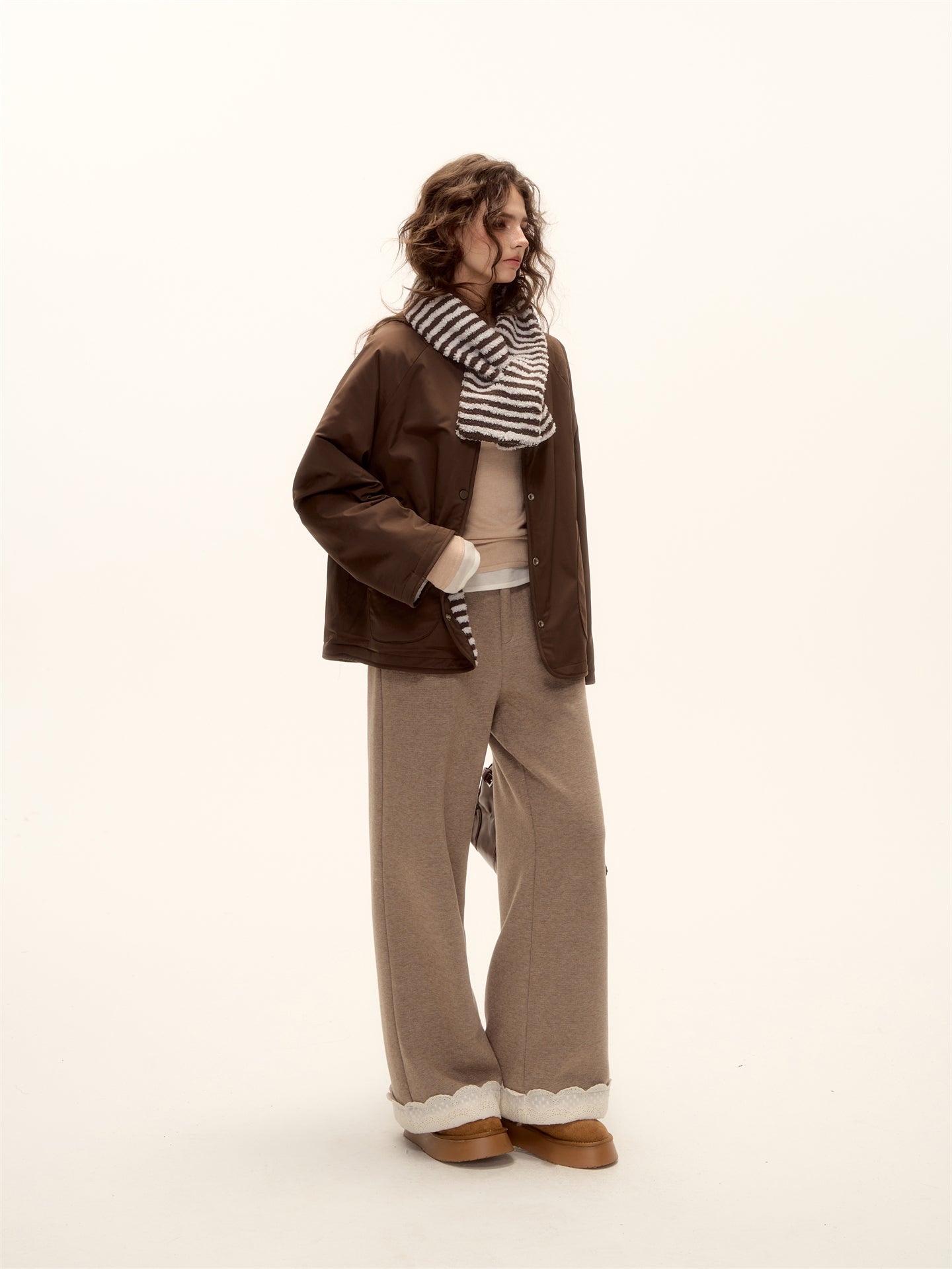 AsGony ASG25458 Double sided striped scarf lamb wool jacket