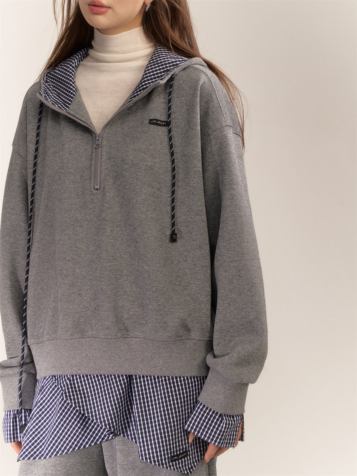 AsGony ASG24641 & ASG2642 Splicing plaid hoodie + loose pants set