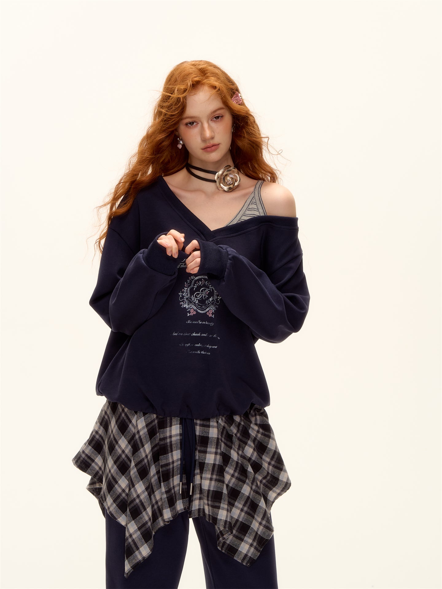 AsGony ASG25504&ASG25505 Oversized striped patchwork printed sweatshirt + pants set