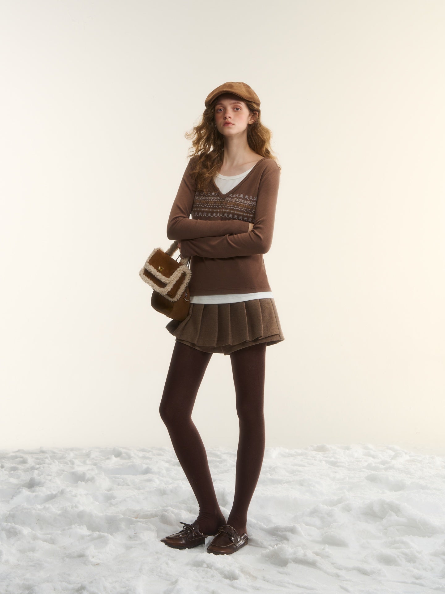 AsGony ASG25546 Fair Island Printed Fake Two Piece Top