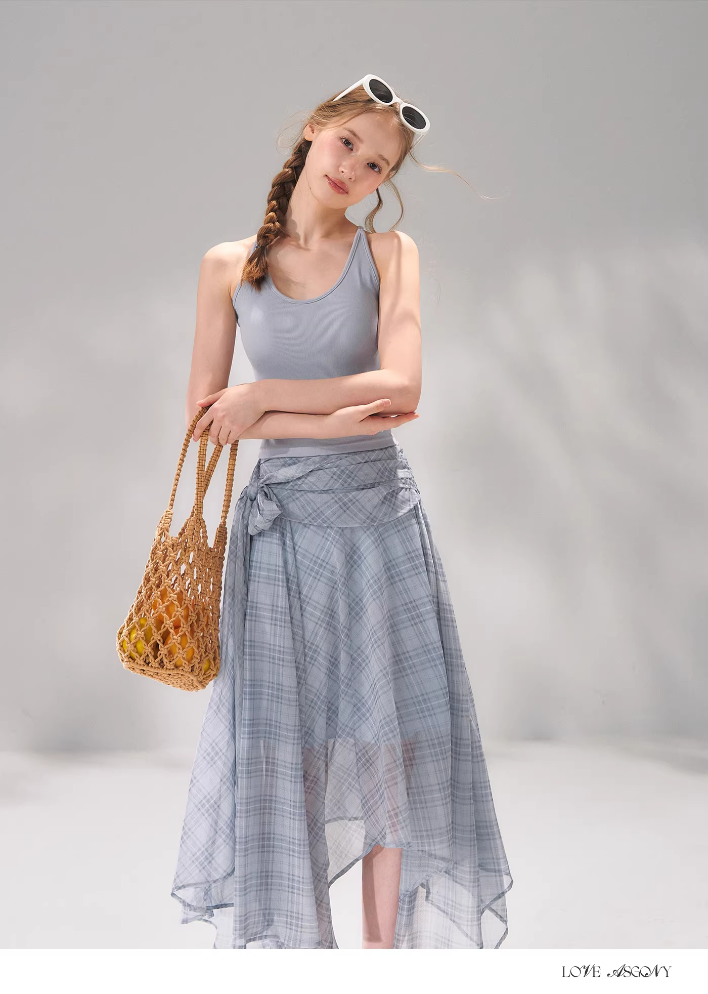 AsGony ASG26065&ASG26066 Tie up plaid chiffon top + skirt