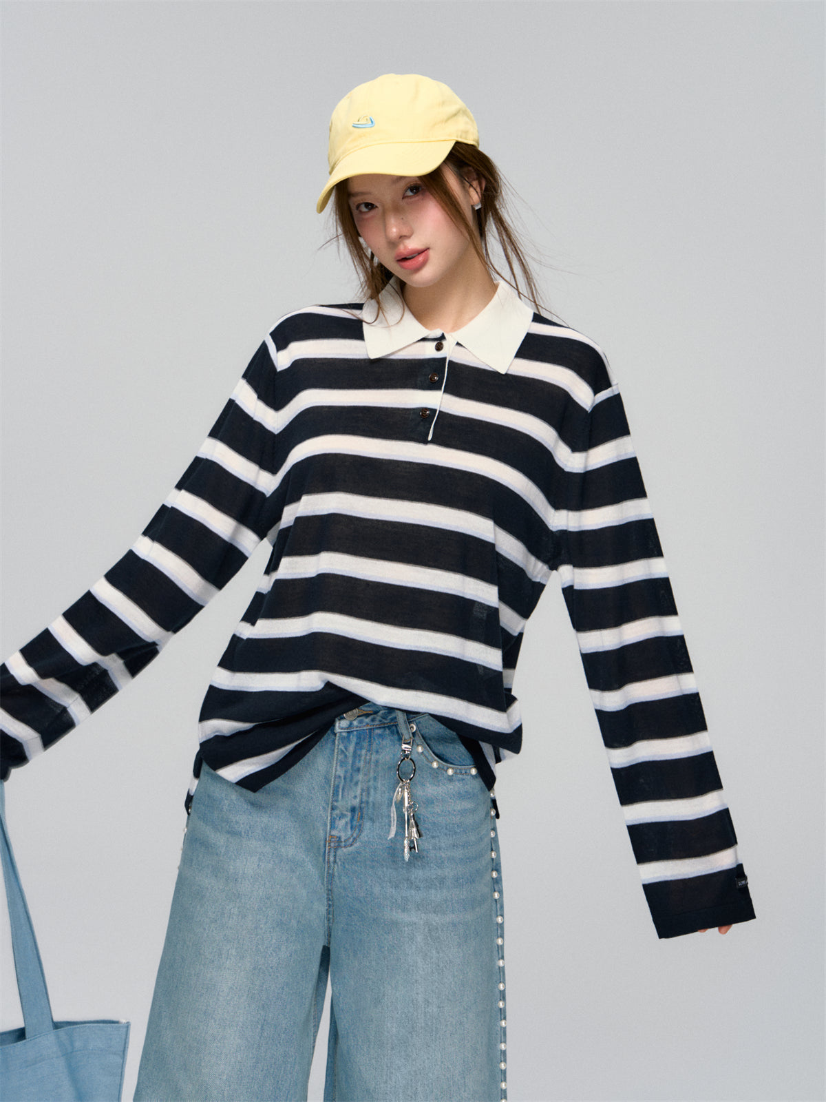 AsGony ASG25036 Striped polo collar loose knit top(2color)