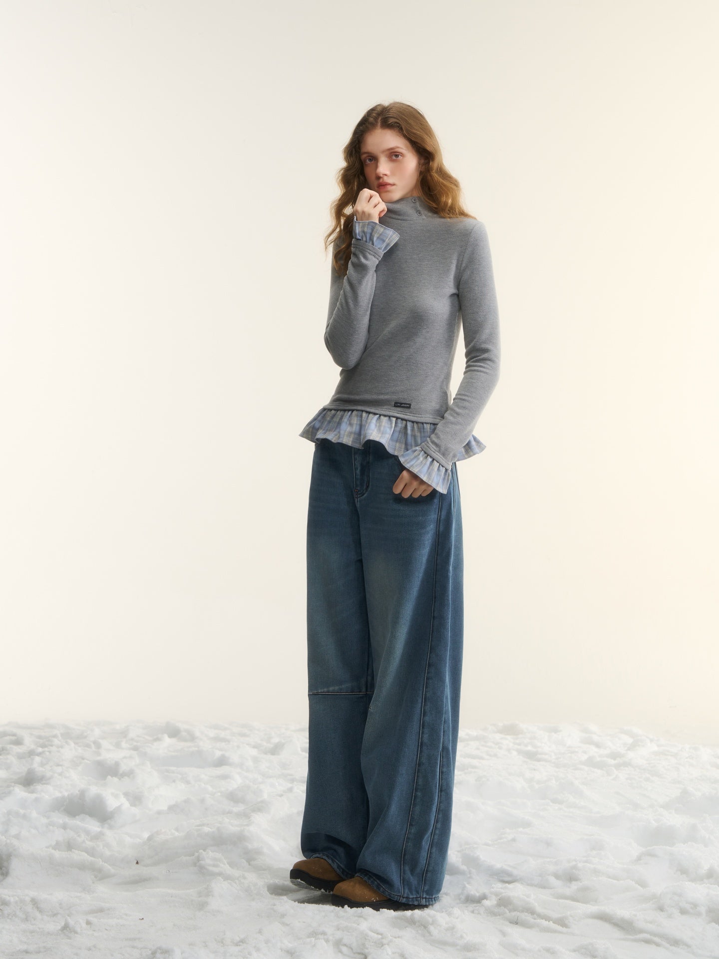 AsGony ASG25561 Wool stand collar with grid splicing and slim fit base top