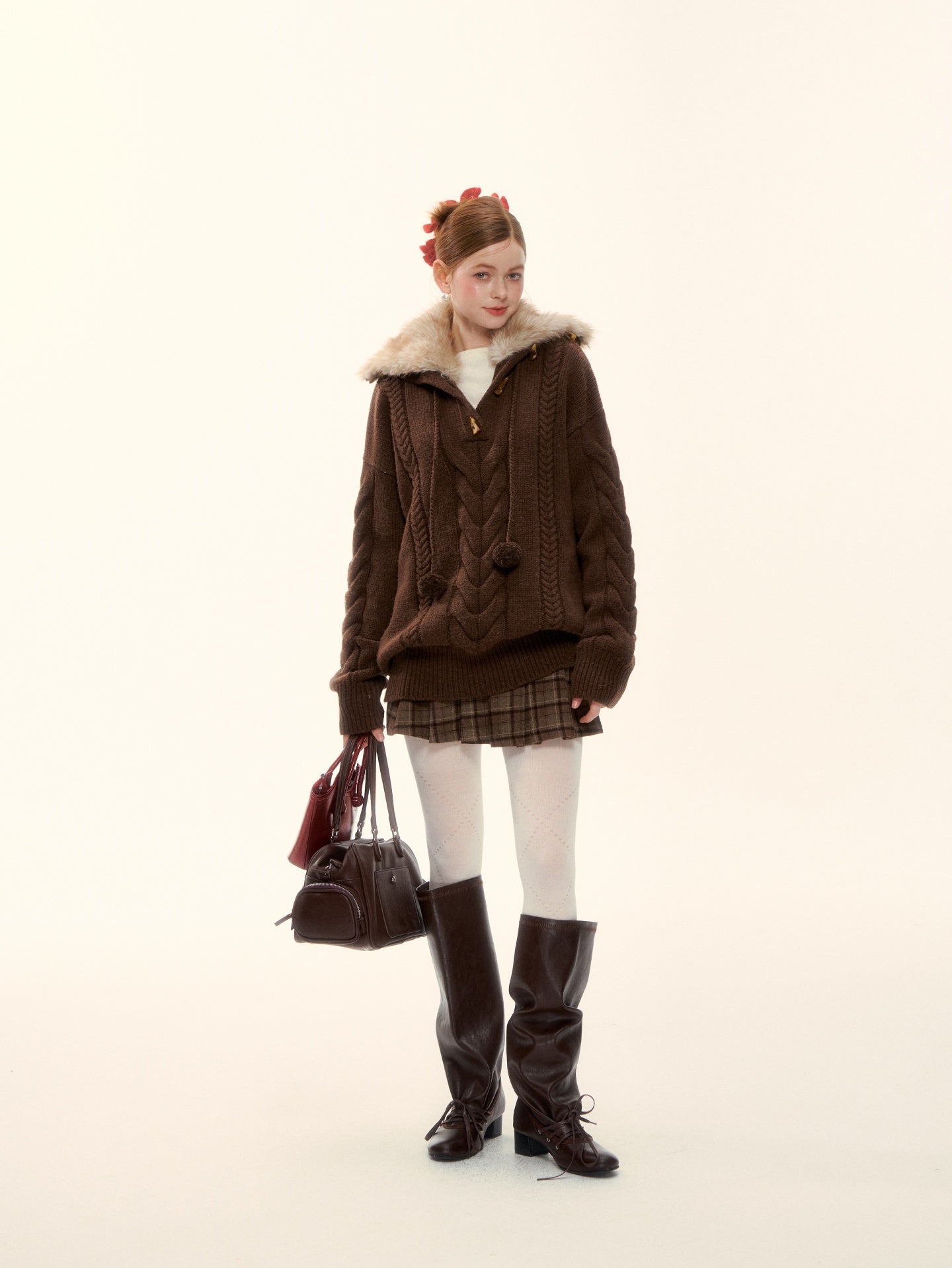 AsGony ASG25619 Detachable wool collar needle twisted pullover sweater