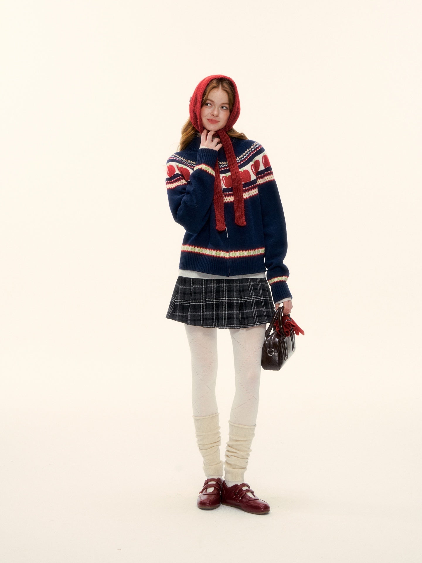 AsGony ASG25626 Wool Fel Island Jacquard Zipper Knitted Sweater Jacket