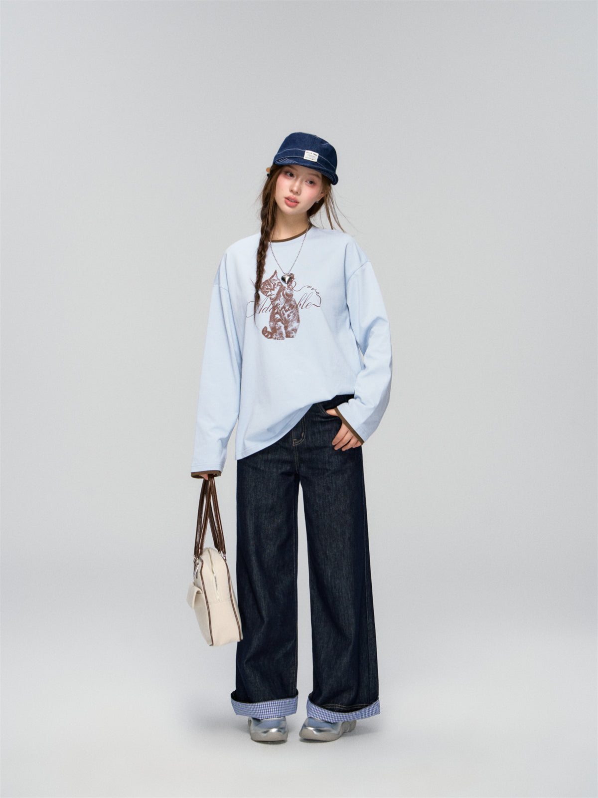 AsGony ASG25026 Cat print contrasting splicing top