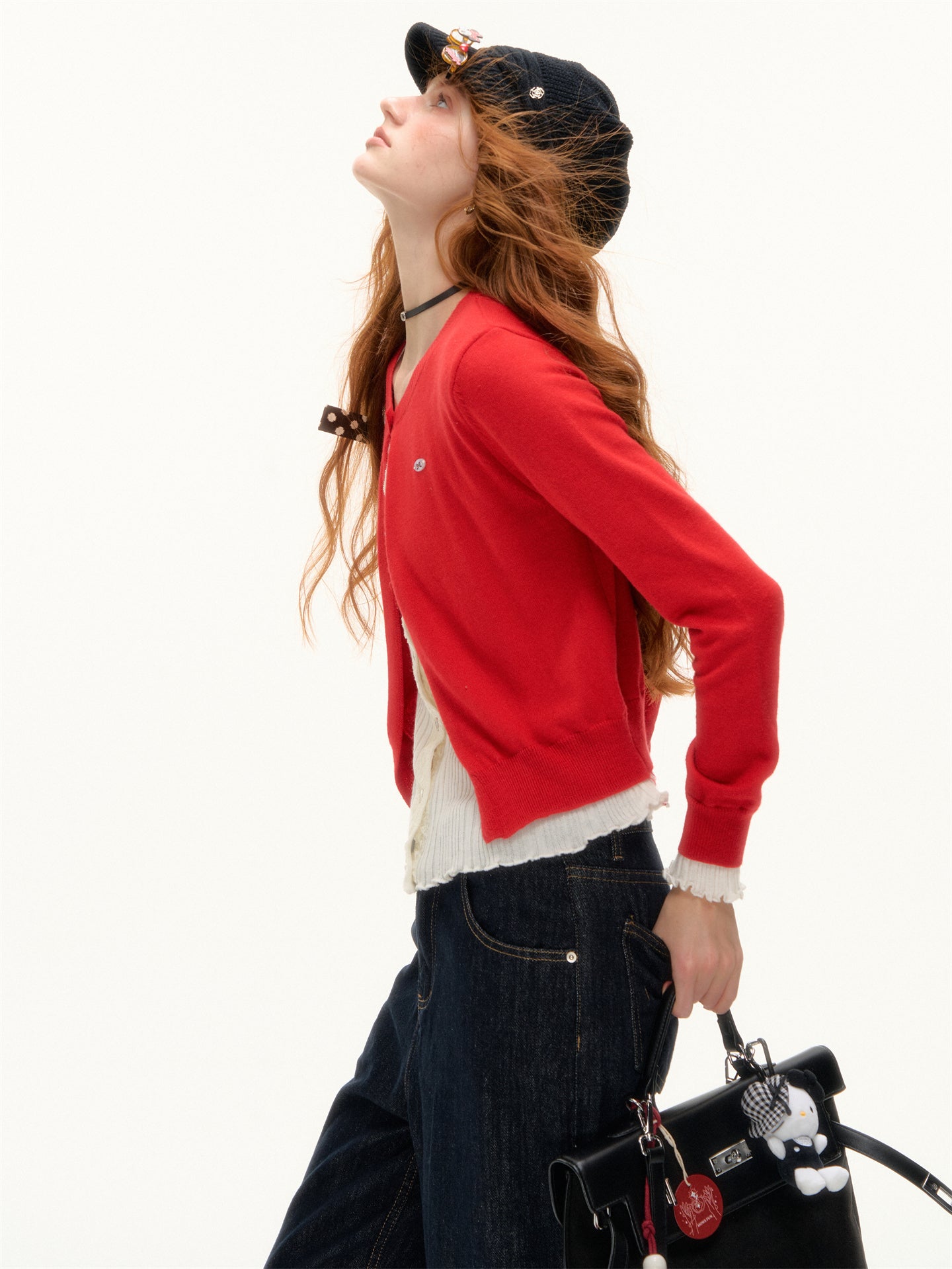 AsGony ASG25409 Color blocking fake two-piece spliced knitted cardigan
