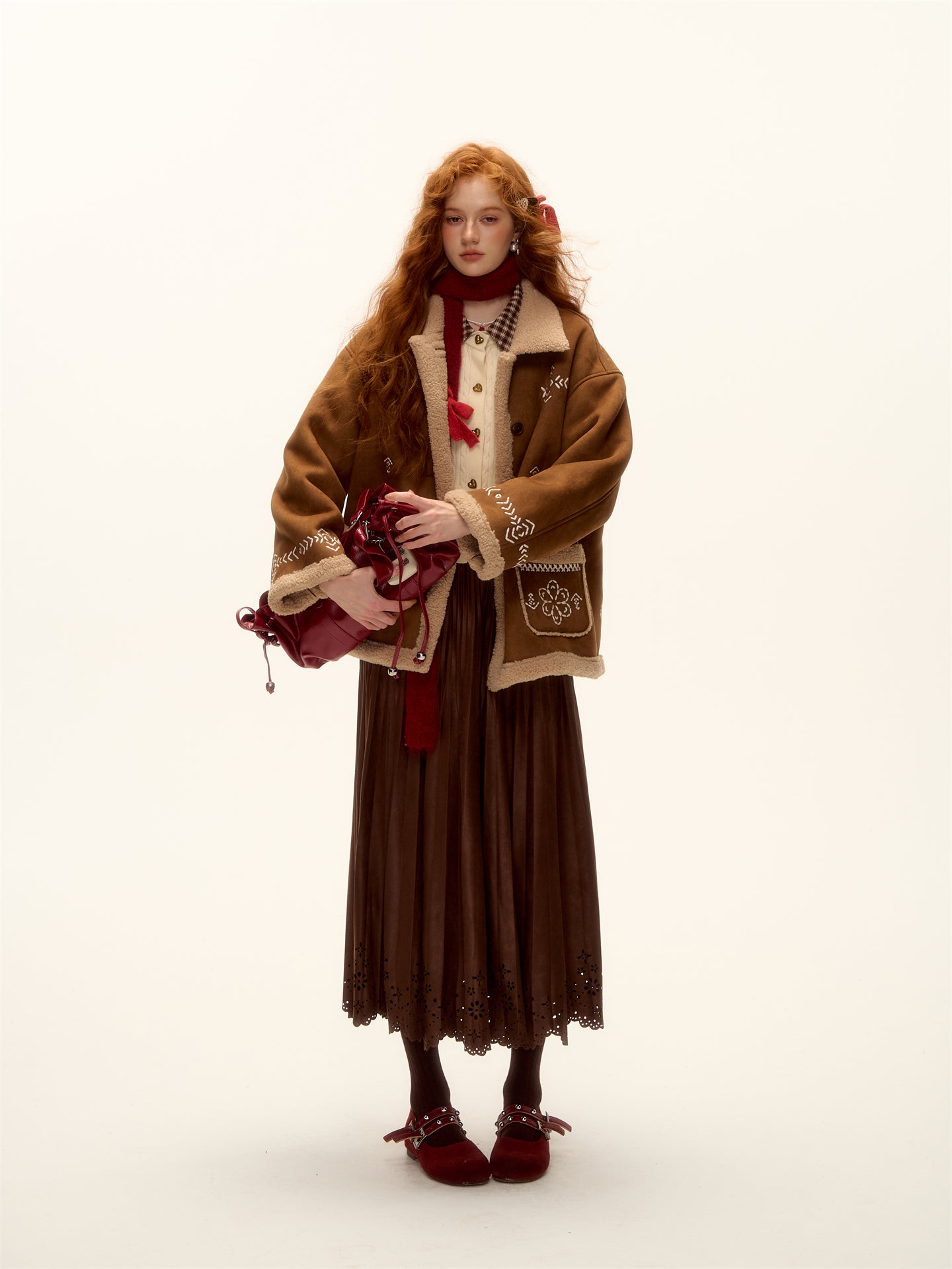 AsGony ASG25457 Embroidered fur lamb coat