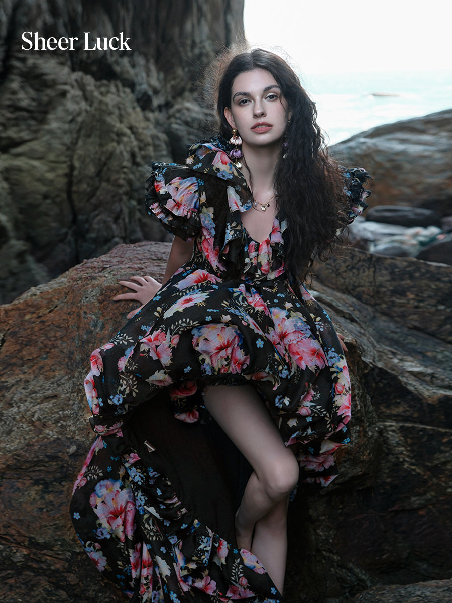 SHEERLUCK SLLYQ26108 Vacation style puffy sleeve trailing dress