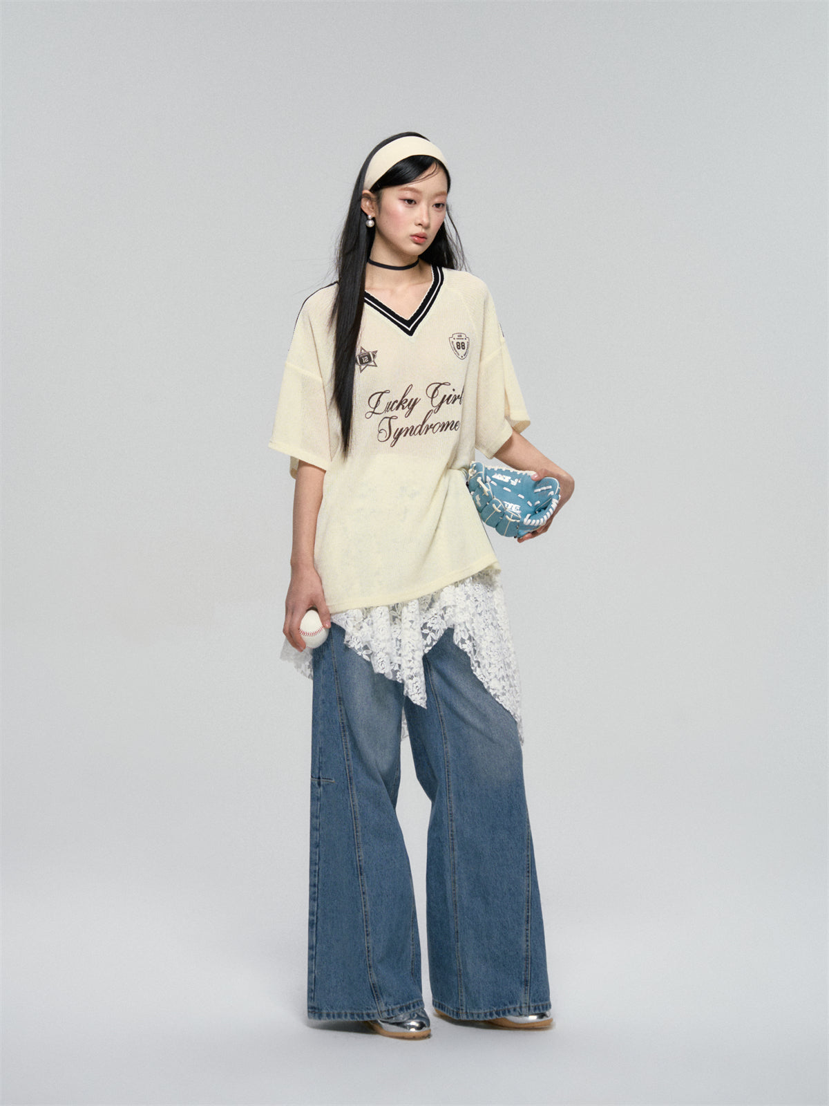 AsGony ASG25080 Jersey style contrasting ribbon T-shirt (2color)