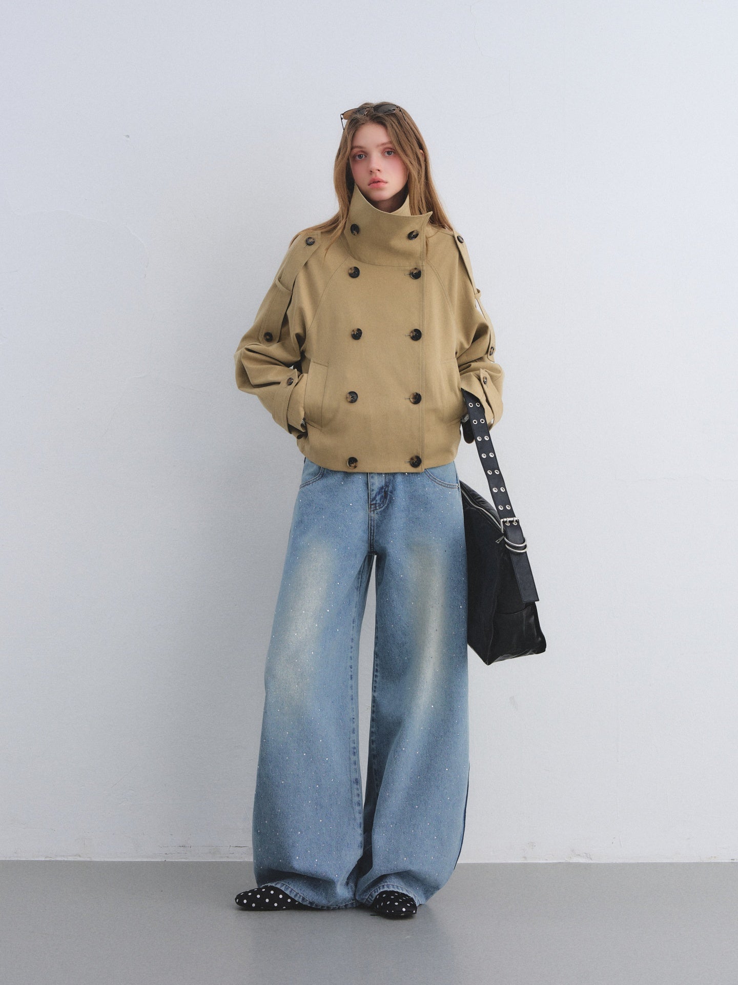 AsGony ASG25669 Big collar flower bud cocoon shaped double breasted jacket