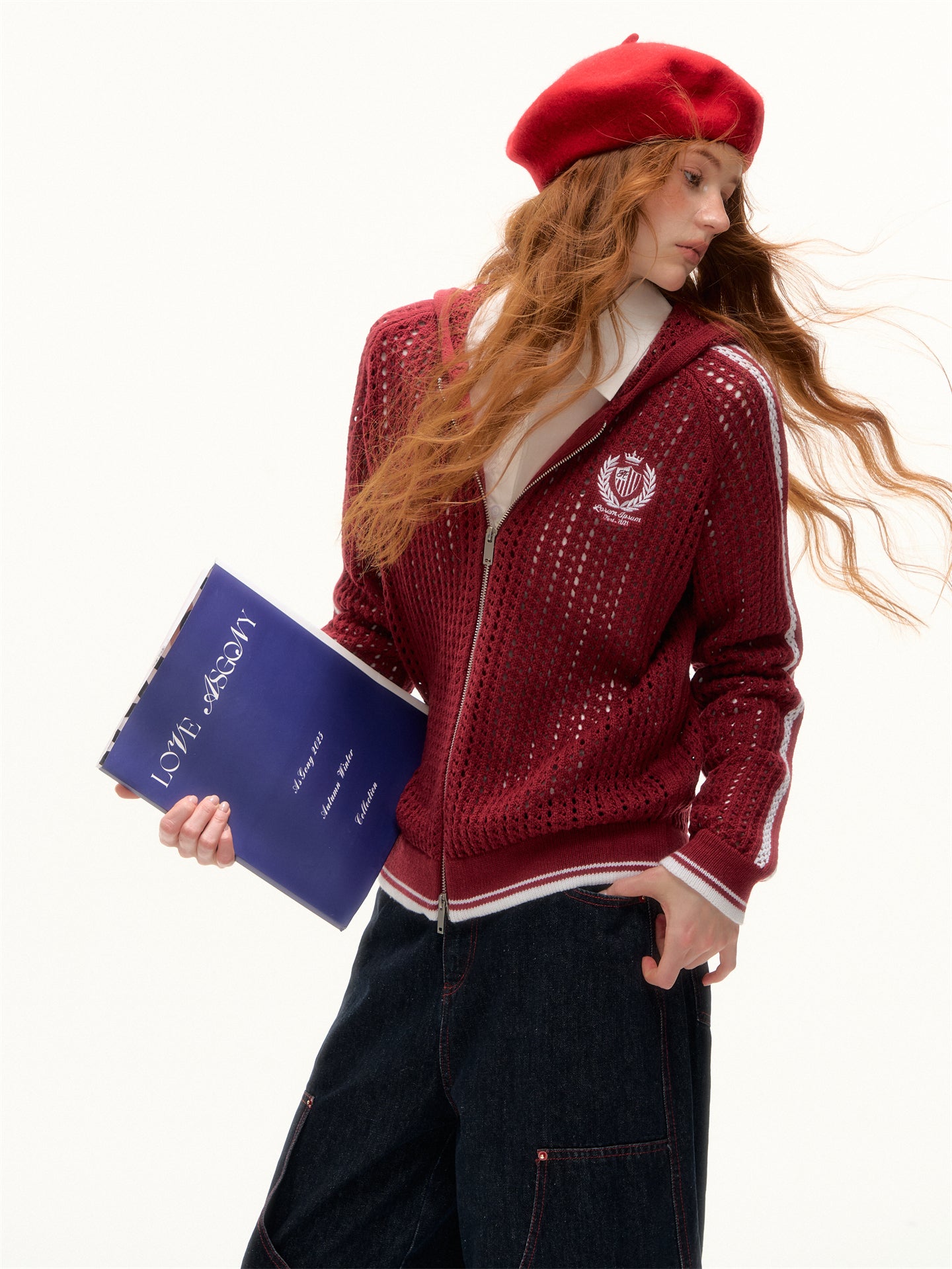 AsGony ASG25388 Hollow knit hooded contrasting embroidered sweater