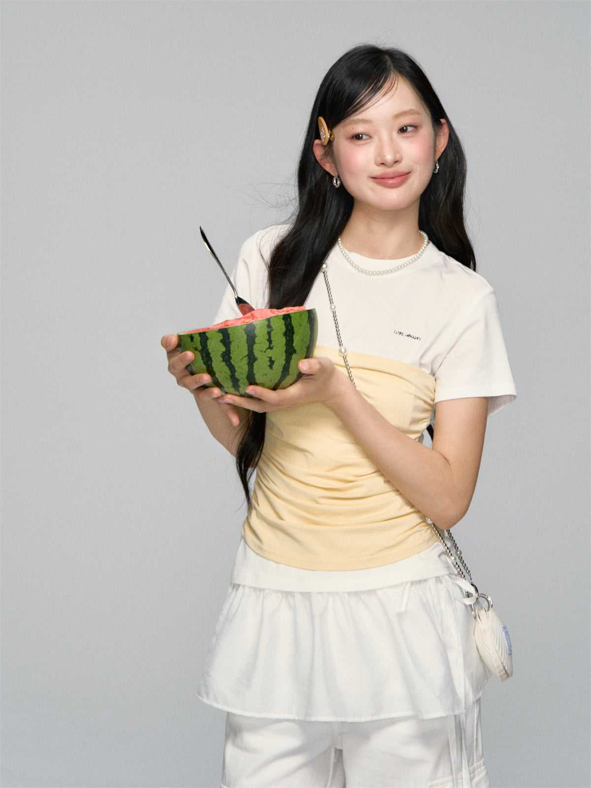 AsGony ASG25108 Fake two piece slim fit short sleeved top (2color)