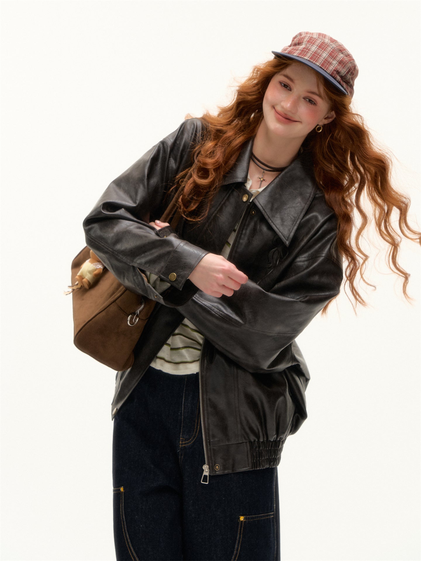 AsGony ASG25389 Bow collar loose jacket leather jacket