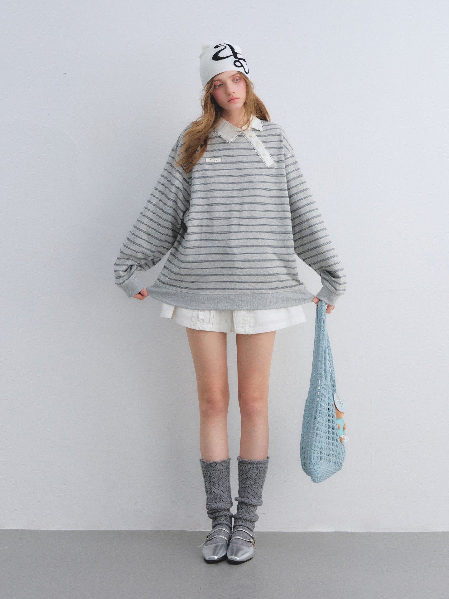AsGony ASG25658 Slanted placket lace collar striped patchwork hoodie