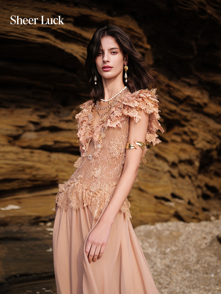 SHEERLUCK SLLYQ26404 Lace patchwork deep V-high slit dress