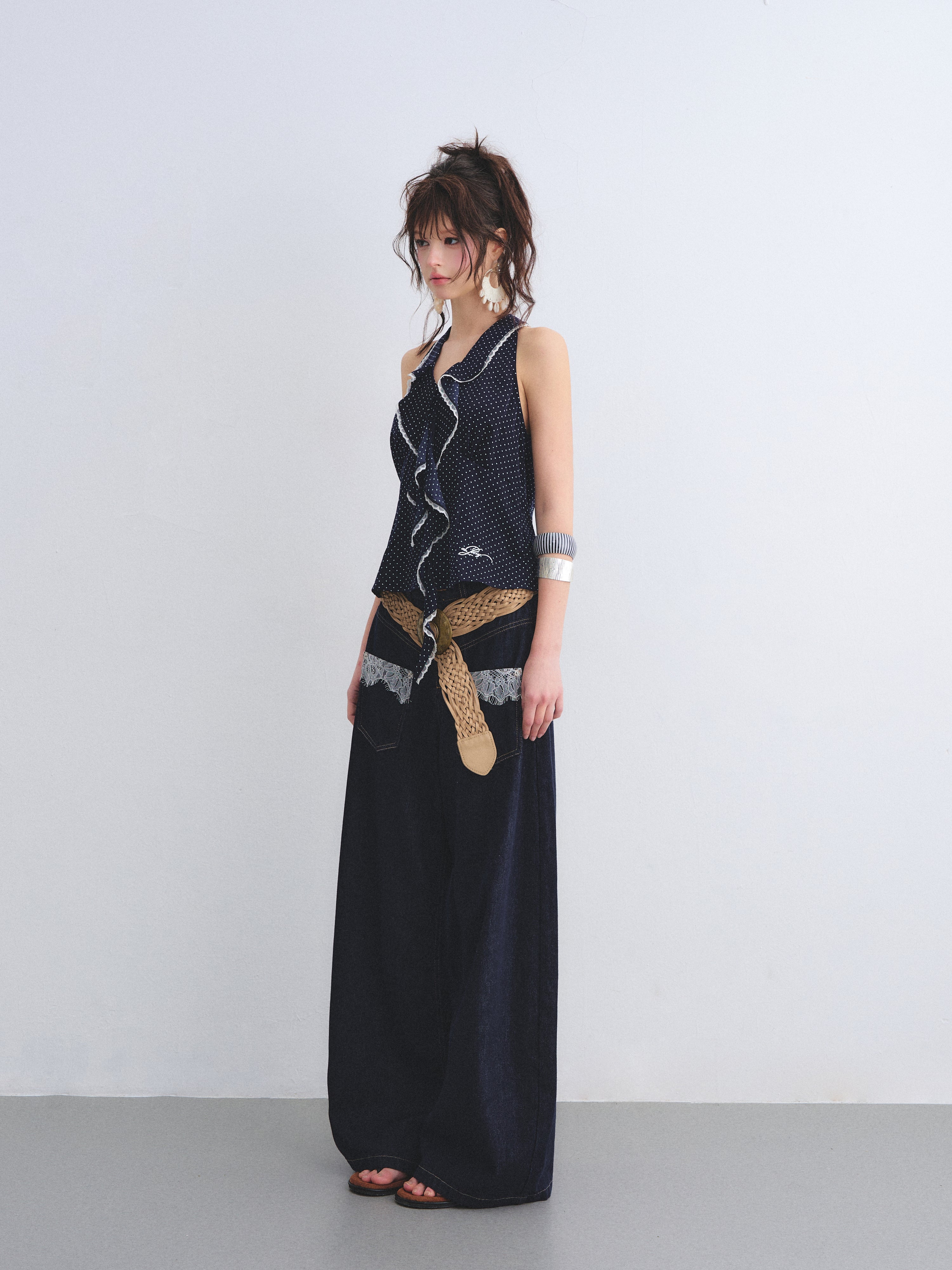 AsGony ASG26018 Lotus leaf lace polka dot sleeveless vest