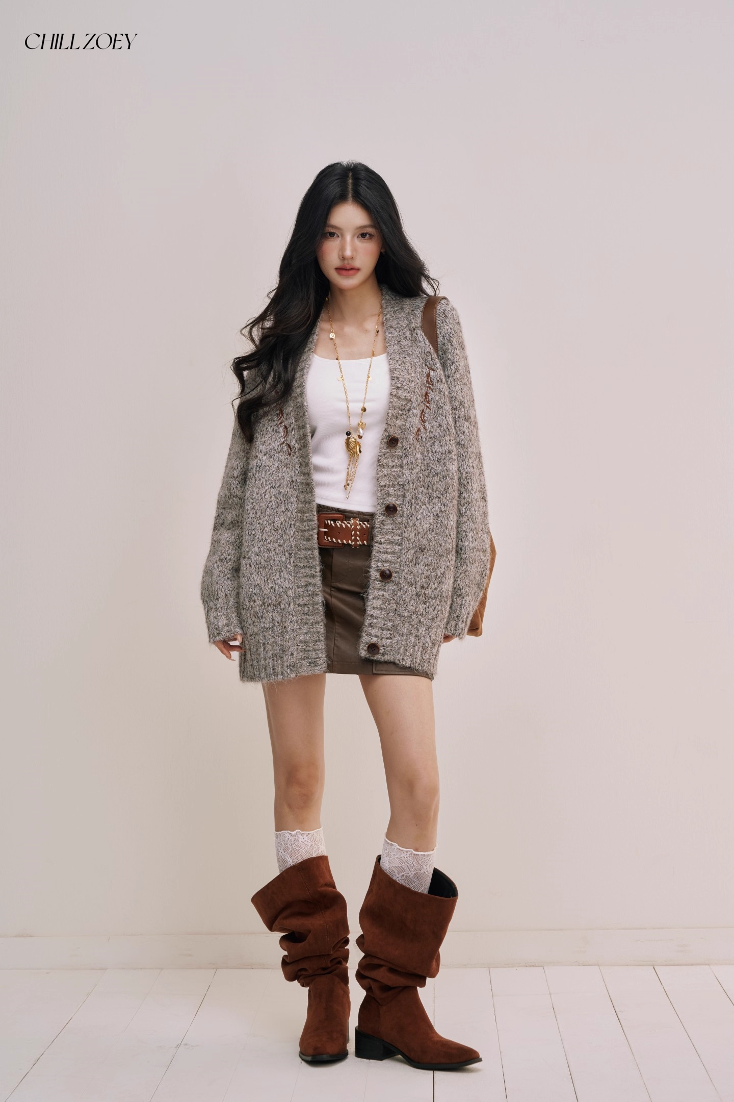 Chill Zoey M690309 Oversized Light Gray Marled Cardigan