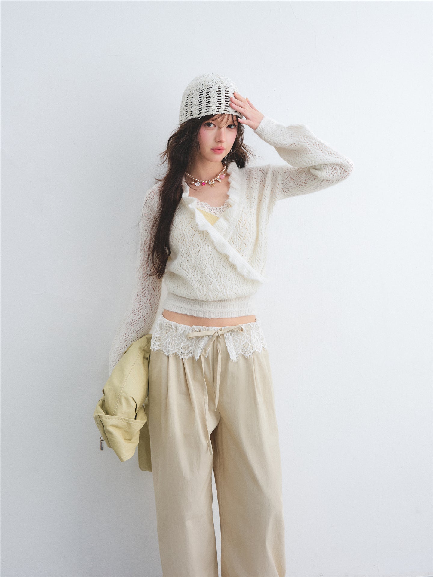 AsGony ASG26007 Wool cross ruffled mohair hollow pullover sweater