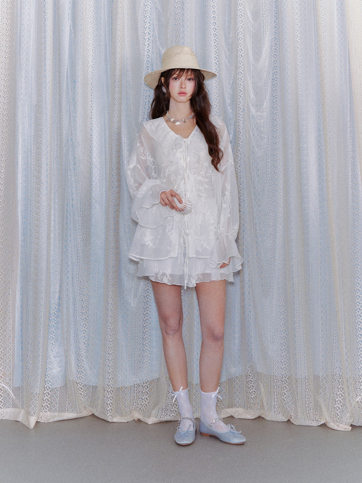 AsGony ASG26015&ASG26016 Chiffon pleated embroidered ruffle edge shirt + skirt