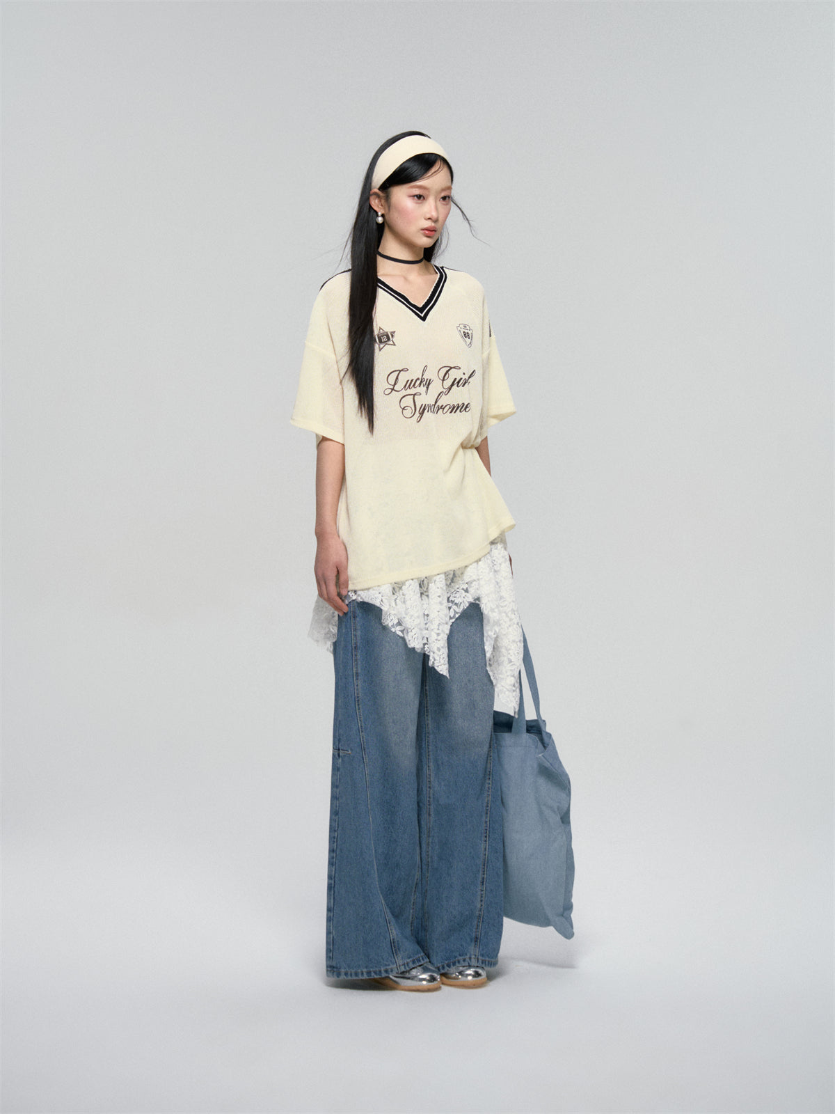 AsGony ASG25080 Jersey style contrasting ribbon T-shirt (2color)