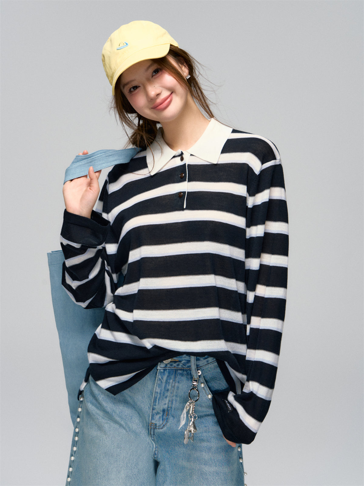 AsGony ASG25036 Striped polo collar loose knit top(2color)