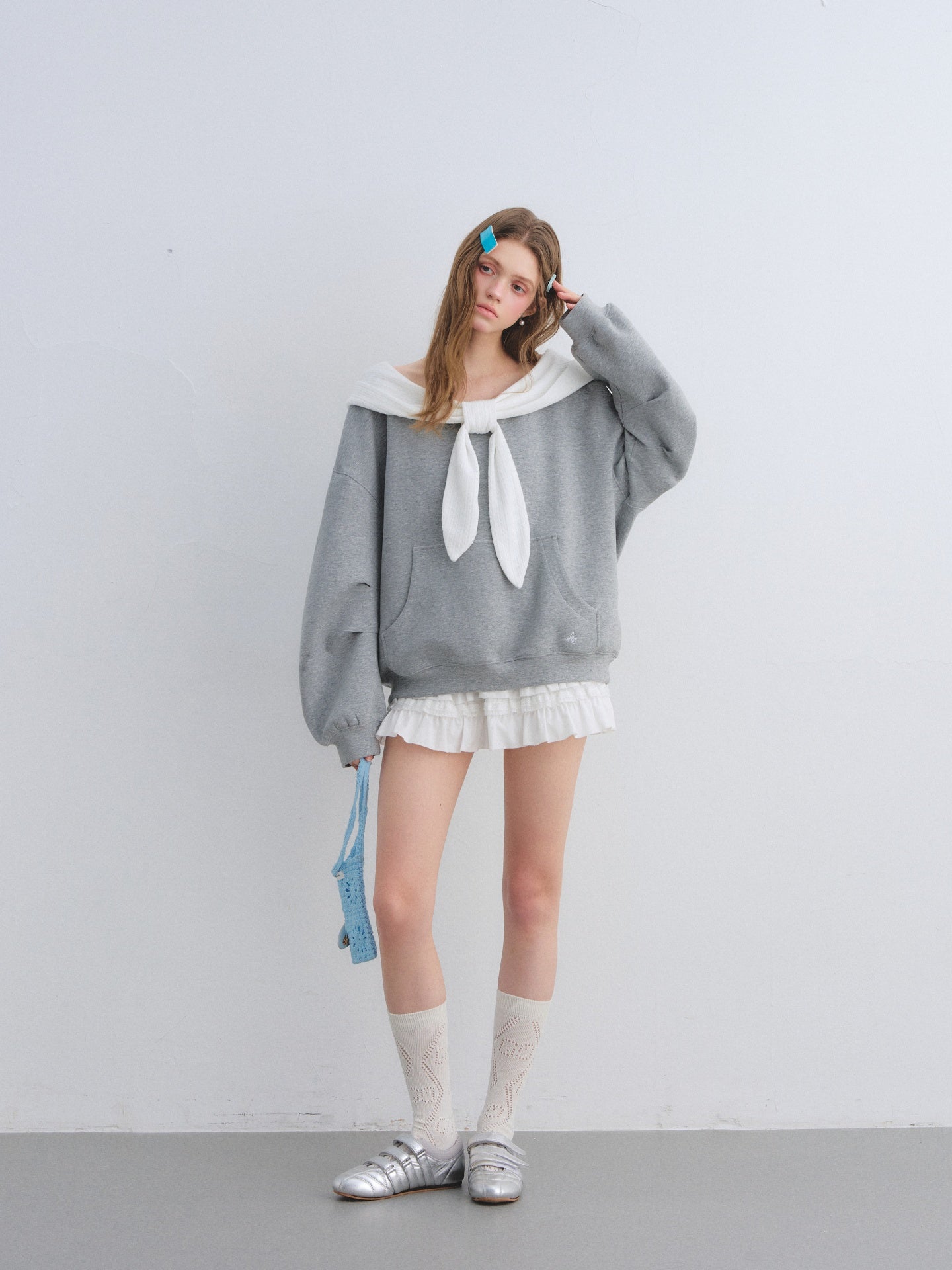 AsGony ASG25643 Rabbit ear one shoulder hooded sweatshirt