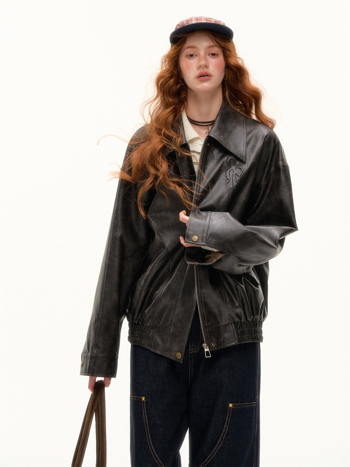 AsGony ASG25389 Bow collar loose jacket leather jacket