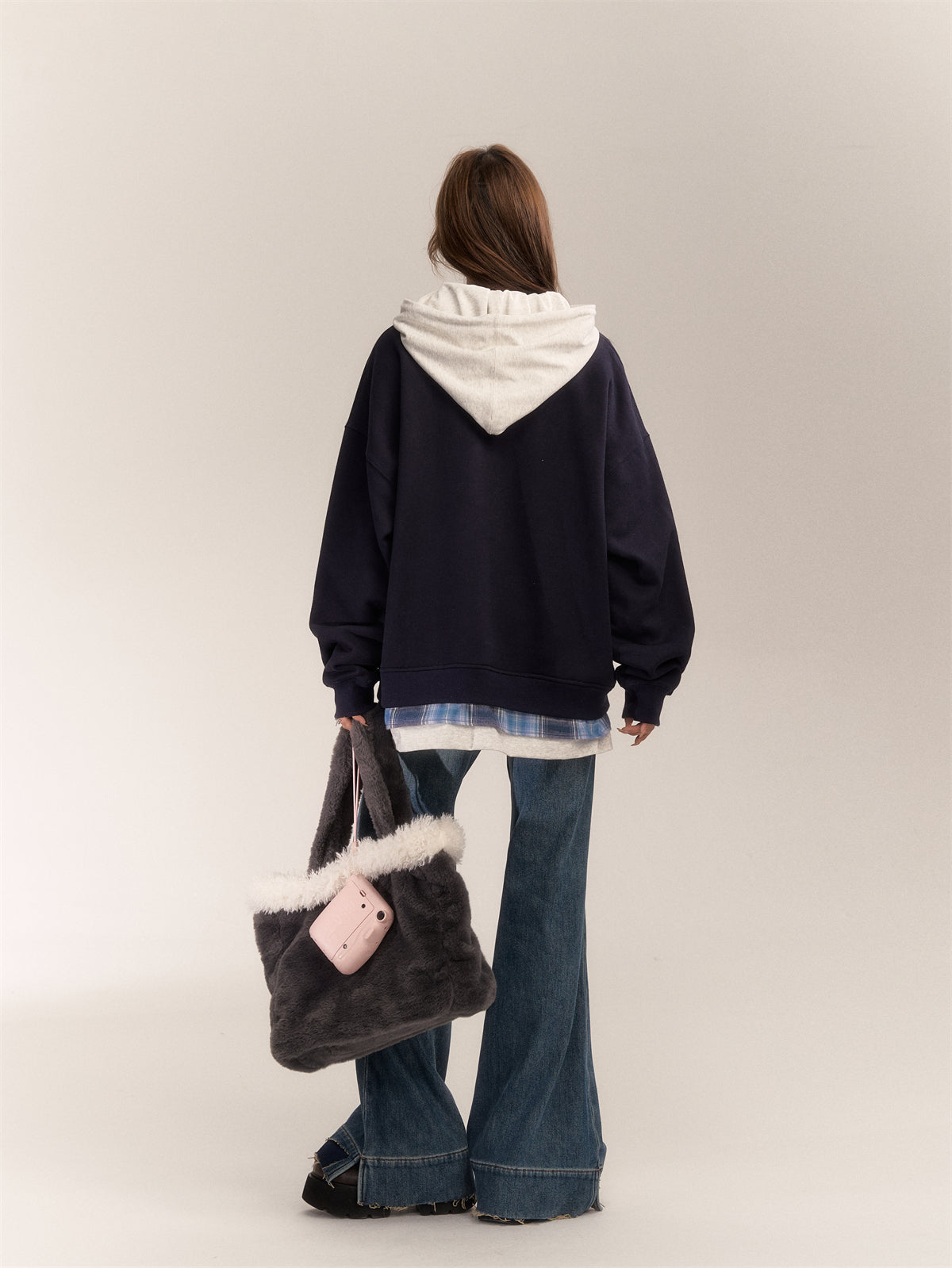 AsGony ASG24643 Vintage patchwork plaid hoodie